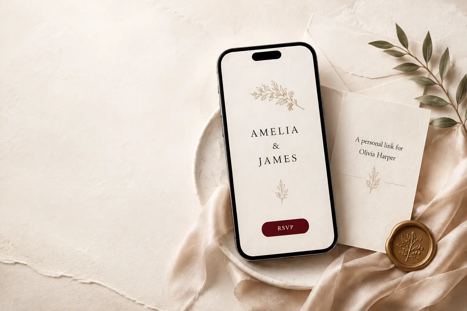 Elegant wedding invitation on a phone with a personalized guest card, silk ribbon and wax seal